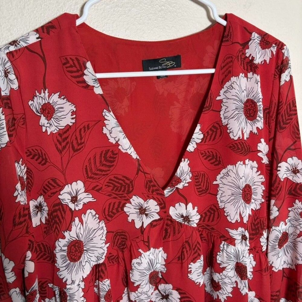 Suzanne Betro Blouse Women's Large Red Floral V-Neck Long Sleeve Shirt Career - Picture 3 of 8